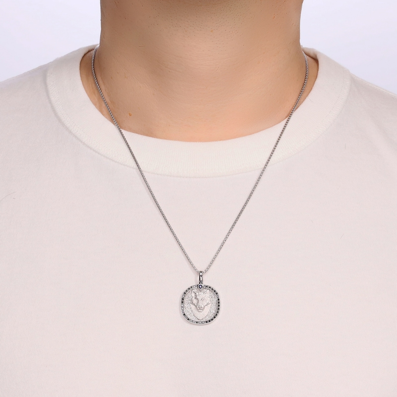 Main Image 5 of Men's Natural Blue Sapphire & Black Diamond Wolf Necklace 1/4 ct tw Sterling Silver 24"