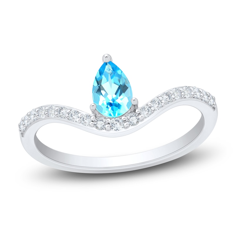 Main Image 1 of Pear-Shaped Natural Swiss Blue Topaz & Diamond Contour Ring 1/6 ct tw 10K White Gold