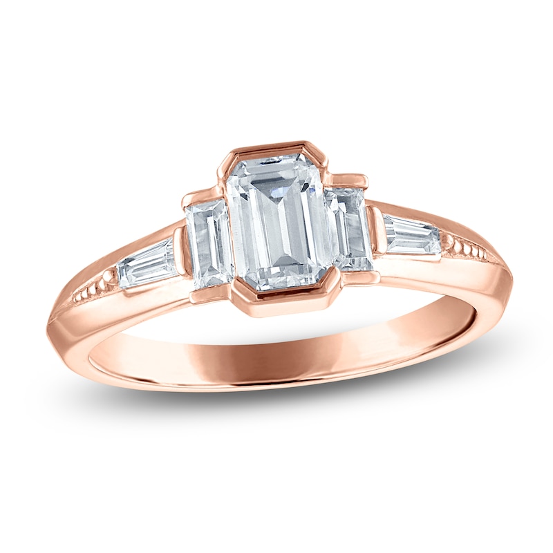 Main Image 1 of Vera Wang VOW Emerald & Baguette-Cut Diamond Three-Stone Engagement Ring 1 ct tw 14K Rose Gold