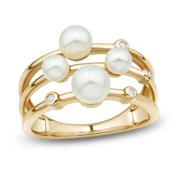 Cultured Pearl & Diamond Accent Three-Row Scatter Ring 14K Yellow Gold