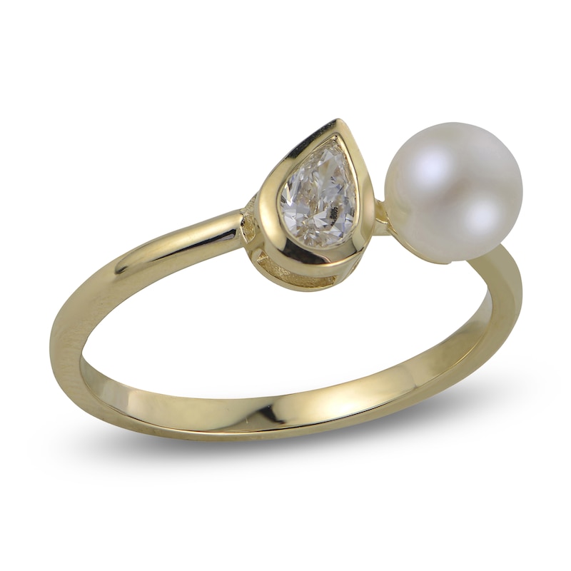 Main Image 1 of Pear-Shaped Lab-Grown Diamond & Cultured Pearl Fashion Ring 1/4 ct tw 14K Yellow Gold