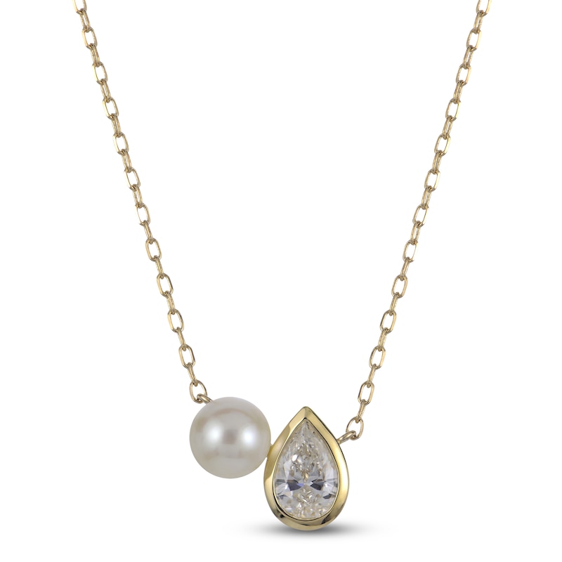 Main Image 1 of Pear-Shaped Lab-Grown Diamond & Cultured Pearl Necklace 1/2 ct tw 14K Yellow Gold 18"