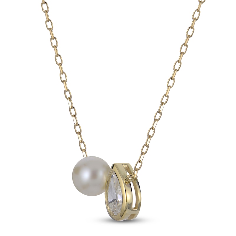 Main Image 2 of Pear-Shaped Lab-Grown Diamond & Cultured Pearl Necklace 1/2 ct tw 14K Yellow Gold 18"