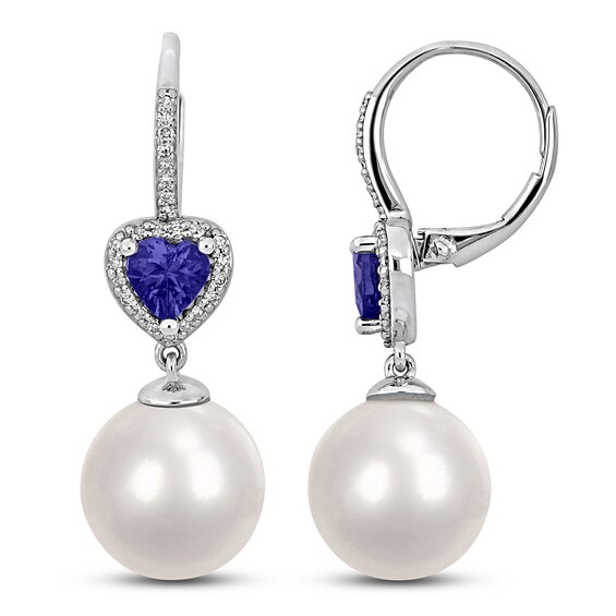 Heart-Shaped Natural Tanzanite, Cultured Pearl & Diamond Drop Earrings 1/5 ct tw 10K White Gold