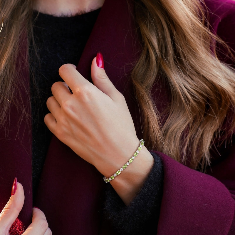 Main Image 5 of Oval-Cut Natural Peridot & Diamond Accent Bracelet Sterling Silver 7.25"