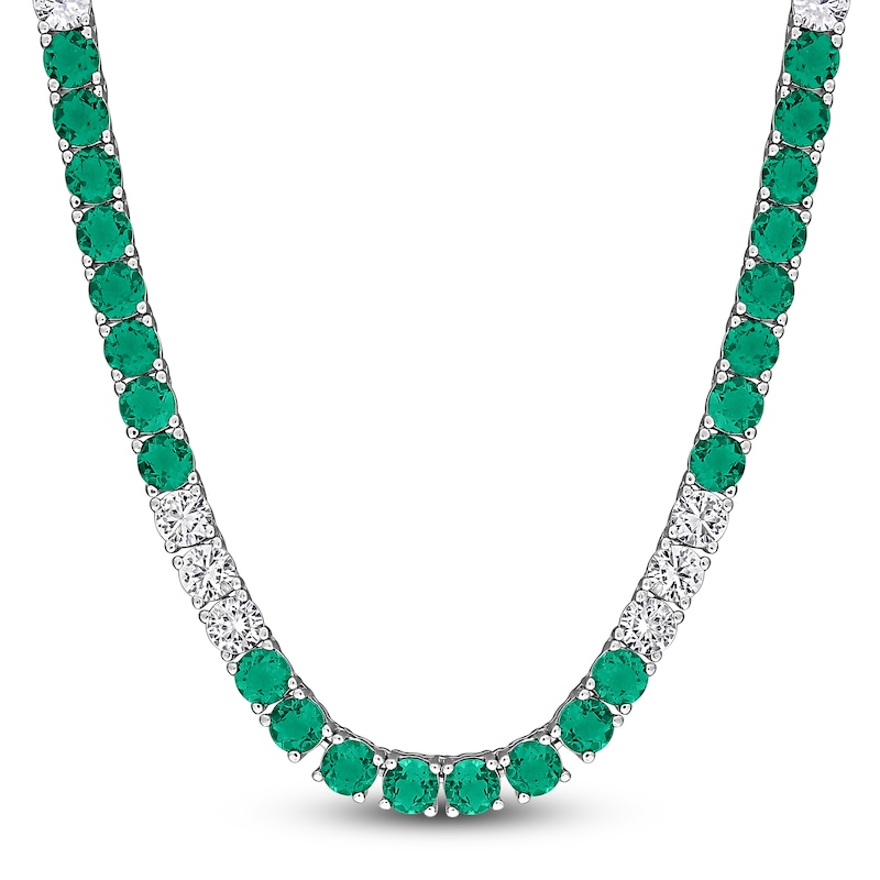 Main Image 1 of Lab-Created Emerald & White Lab-Created Sapphire Necklace Sterling Silver 17"