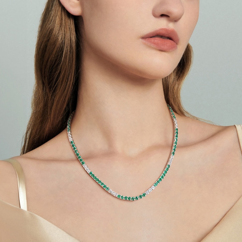 Main Image 6 of Lab-Created Emerald & White Lab-Created Sapphire Necklace Sterling Silver 17"