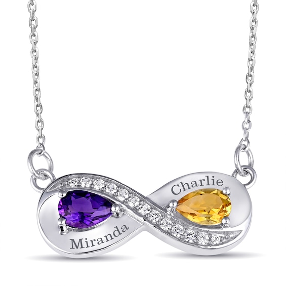 Couple's Pear-Shaped Birthstone Infinity Necklace (2 Stones and Lines)