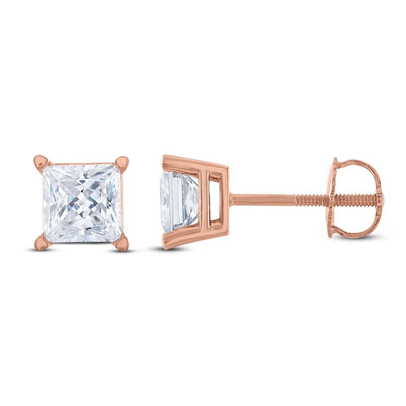 Diamond Solitaire Stud Earrings 1 ct tw Princess 14K Rose Gold (I2/I)