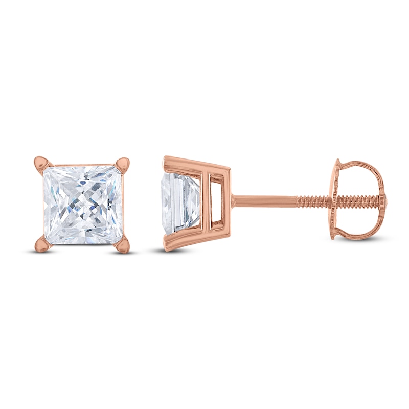 Main Image 1 of Diamond Solitaire Stud Earrings 1 ct tw Princess 14K Rose Gold (I2/I)