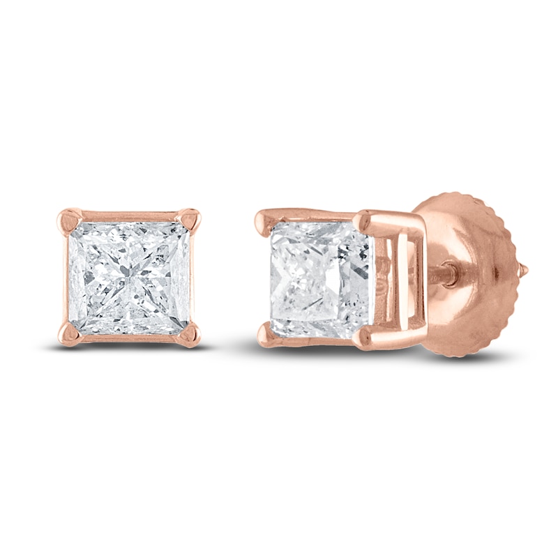 Main Image 1 of Diamond Solitaire Stud Earrings 1-1/4 ct tw Princess 14K Rose Gold (I2/I)