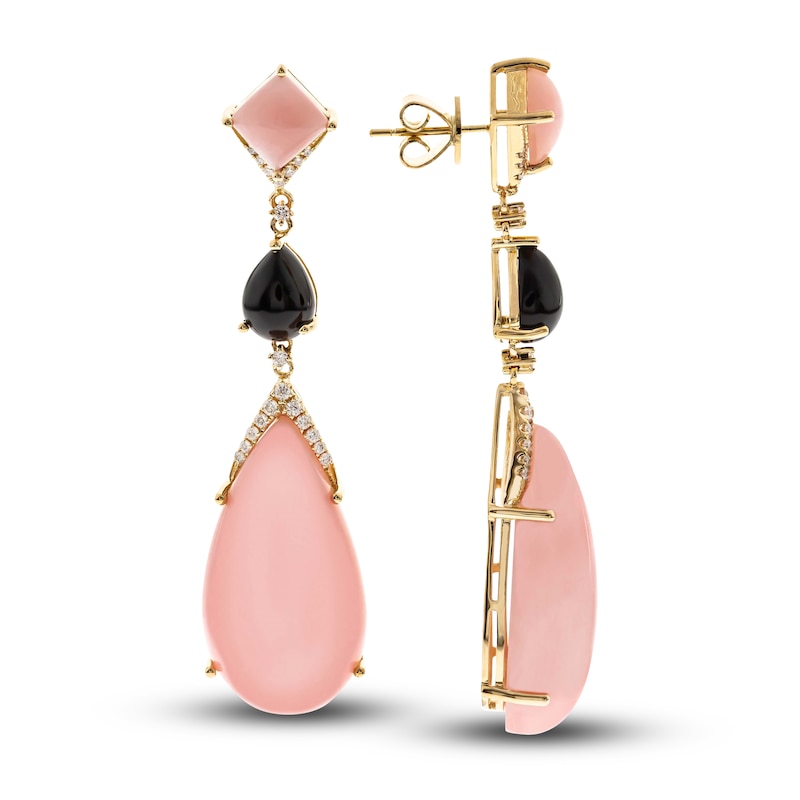 Natural Onyx & Natural Pink Opal Dangle Earrings 3/8 ct tw Diamonds 14K Yellow Gold