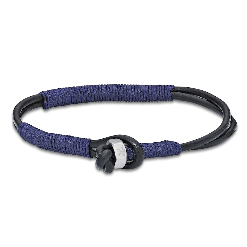 Main Image 1 of Men's Black Leather and Blue Waxed Cord Bracelet 8.5"