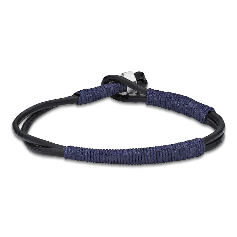 Main Image 2 of Men's Black Leather and Blue Waxed Cord Bracelet 8.5"