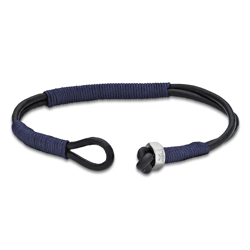 Main Image 3 of Men's Black Leather and Blue Waxed Cord Bracelet 8.5"