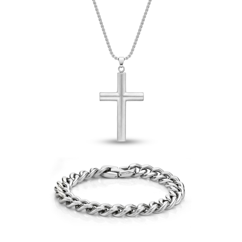 Men's Solid Cross Necklace & Bracelet Set Stainless Steel