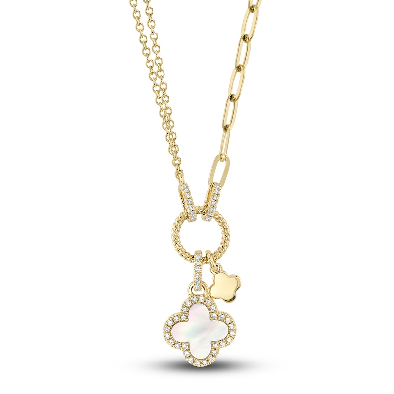 Main Image 1 of Shy Creation Natural Mother-of-Pearl Clover Necklace 1/10 ct tw Diamonds 14K Yellow Gold 18" SC55023485