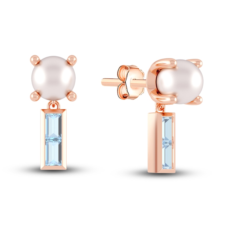 Main Image 1 of Juliette Maison Natural Aquamarine Baguette and Freshwater Cultured Pearl Earrings 10K Rose Gold