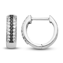 White & Black Diamond Huggie Earrings 1/4 ct tw Round 14K White Gold