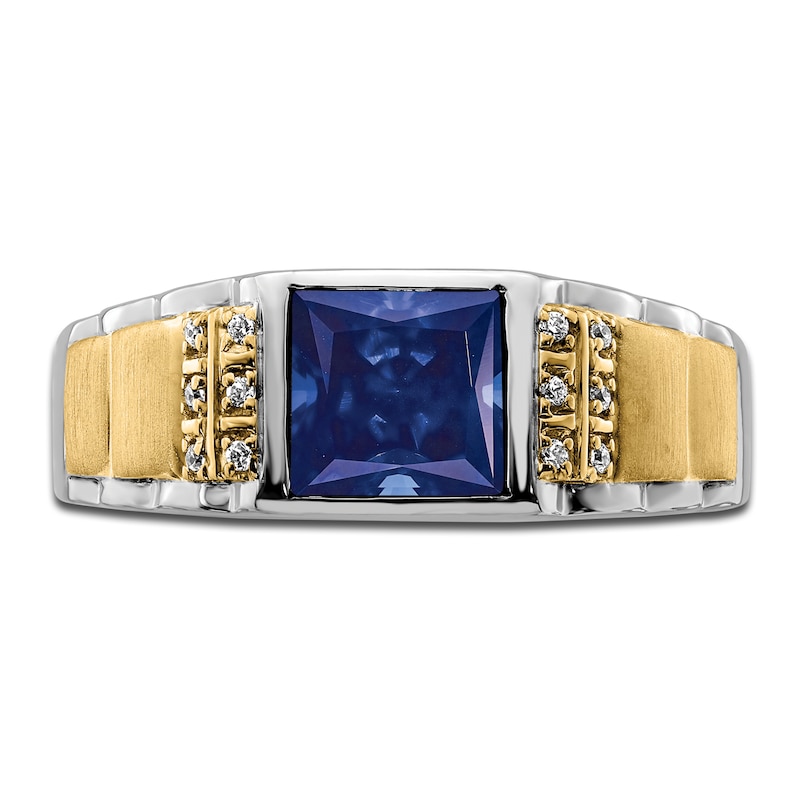 Main Image 3 of Men's Blue Lab-Created Sapphire Ring 1/20 ct tw Diamonds 14K Two-Tone Gold
