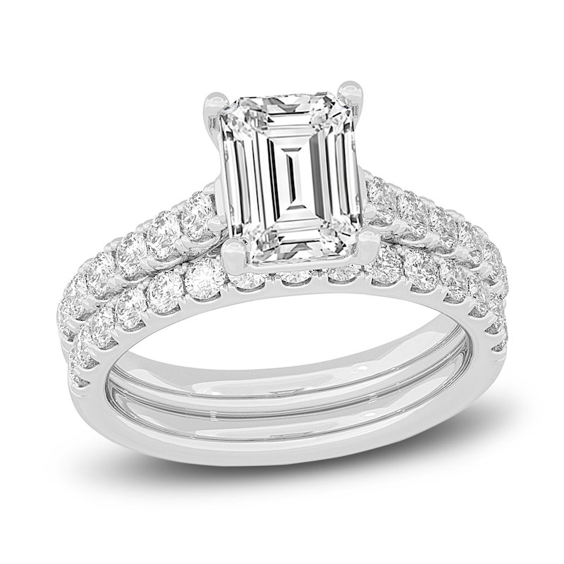 Lab-Created Diamond Bridal Set 3 ct tw Emerald/Round 14K White Gold