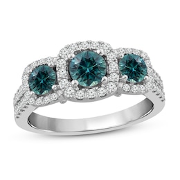 Montana Blue Natural Sapphire 3-Stone Ring 3/8 ct tw Diamonds 14K White Gold