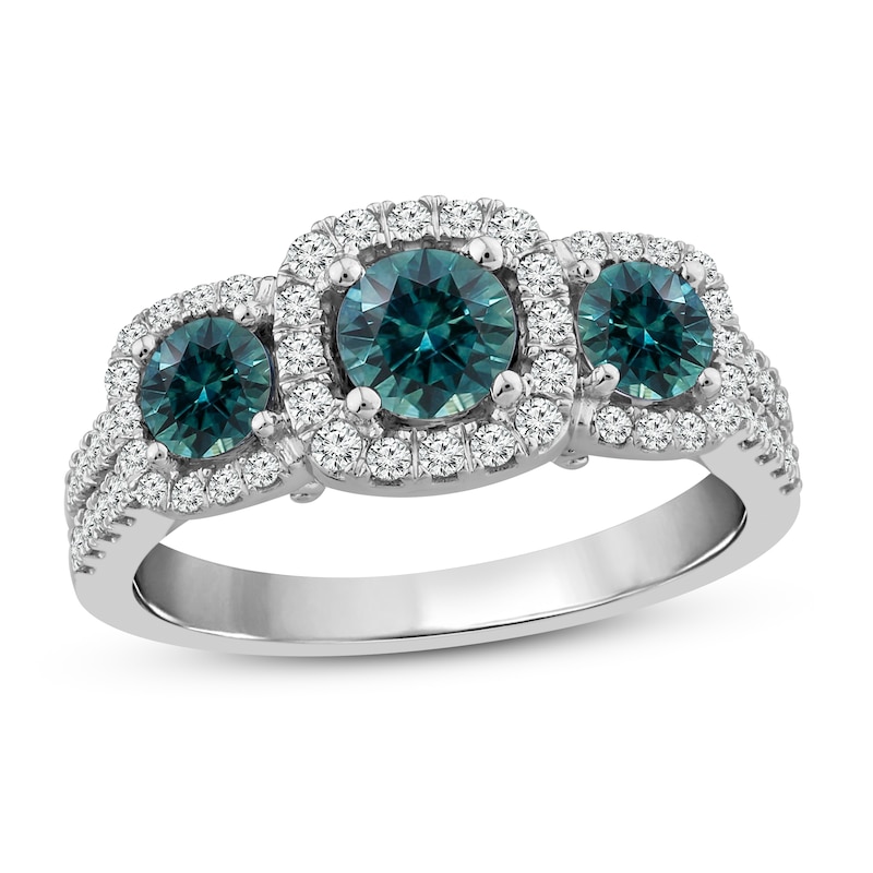 Montana Blue Round-Cut Natural Sapphire 3-Stone Ring 3/8 ct tw Diamonds 14K White Gold