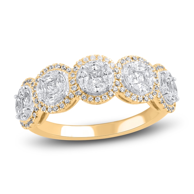 Main Image 1 of Round, Princess & Marquise-Cut Diamond Halo Anniversary Band 1 ct tw 14K Yellow Gold