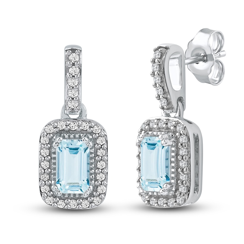 Rectangle-Cut Natural Aquamarine & Diamond Dangle Earrings 1/6 ct tw 14K White Gold