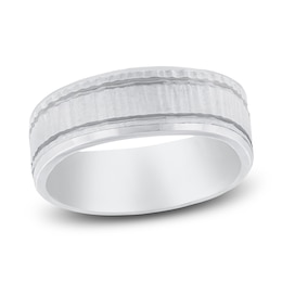 Men's Hammered Wedding Band 14K White Gold 8mm