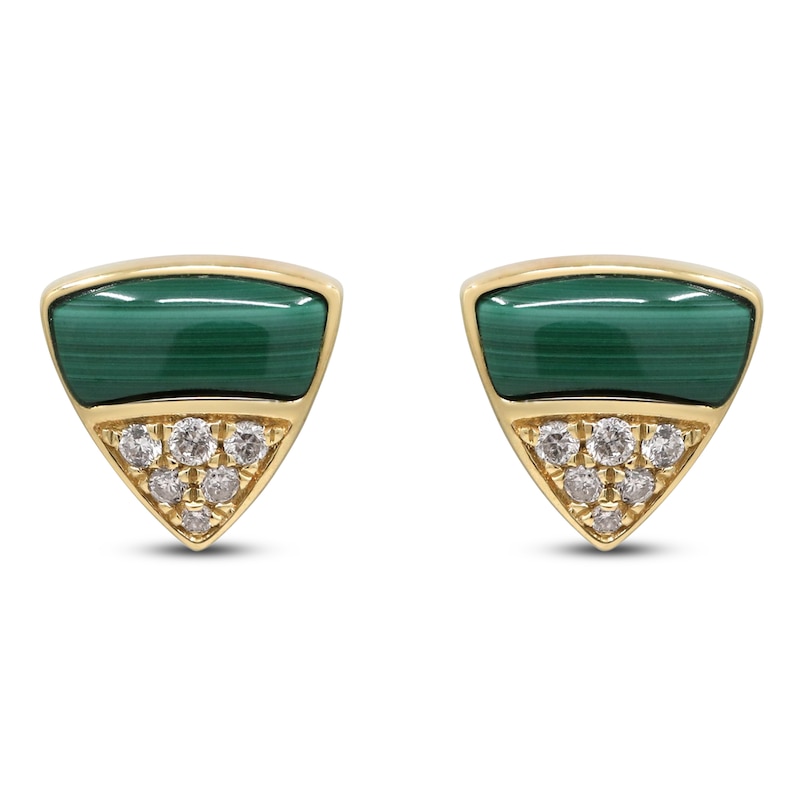 Main Image 1 of Natural Malachite & Diamond Triangle Stud Earrings 1/10 ct tw 14K Yellow Gold