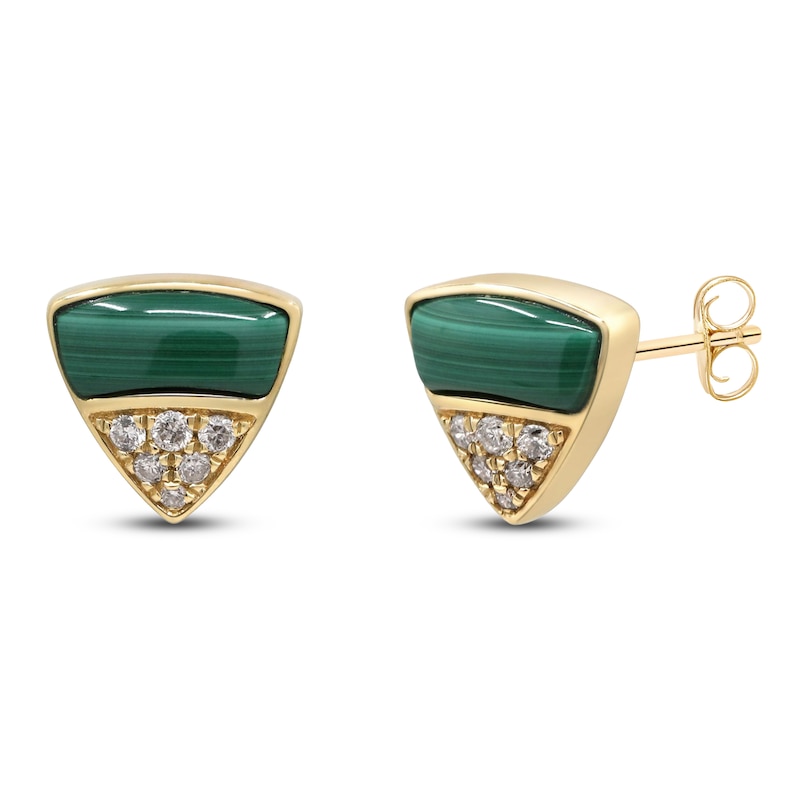 Main Image 2 of Natural Malachite & Diamond Triangle Stud Earrings 1/10 ct tw 14K Yellow Gold