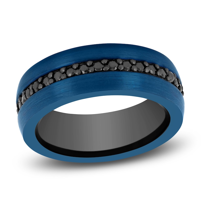 Main Image 1 of Men's Natural Black Sapphire Wedding Band Blue & Black Ion-Plated Tungsten Carbide 8mm