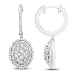 Multi-Diamond Oval Halo Dangle Hoop Earrings 5/8 ct tw 14K White Gold