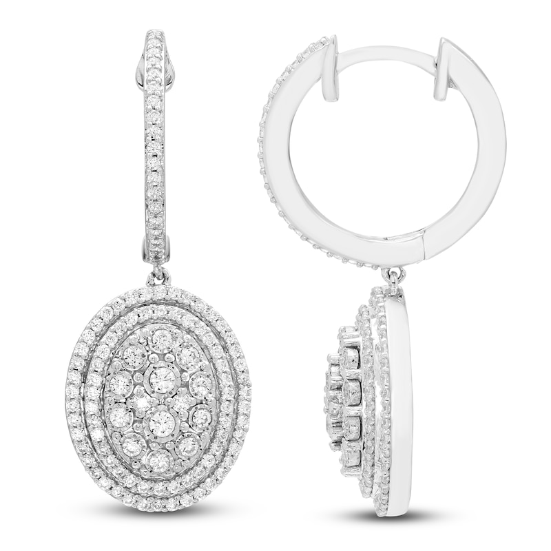 Main Image 1 of Multi-Diamond Oval Halo Dangle Hoop Earrings 5/8 ct tw 14K White Gold