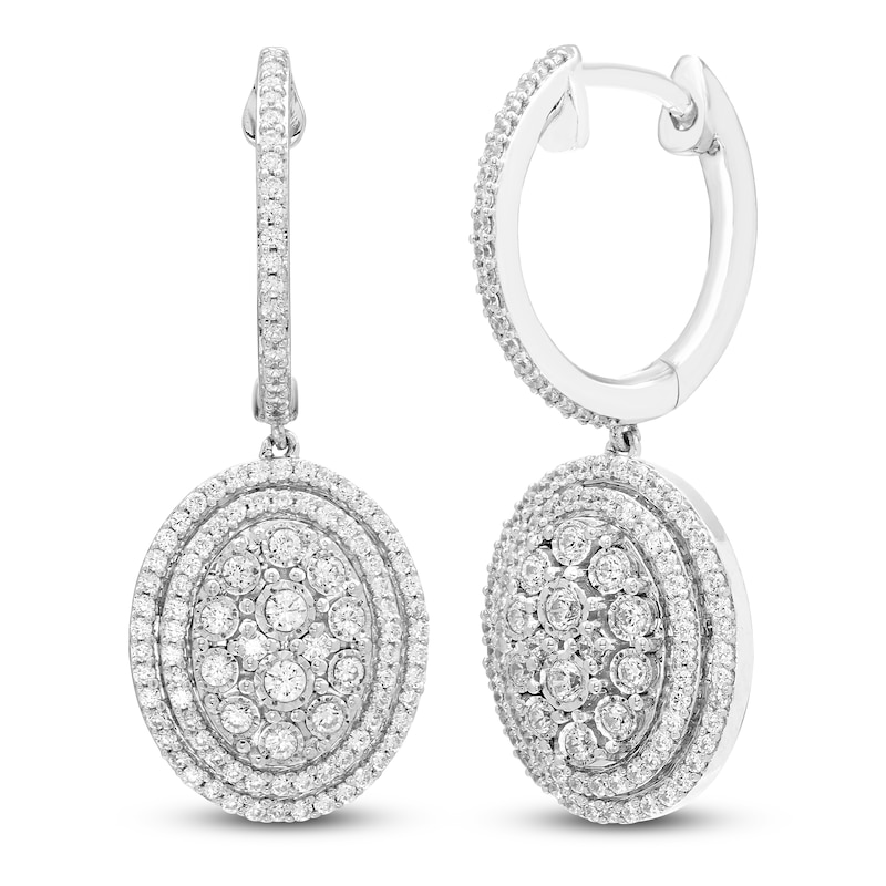 Multi-Diamond Oval Halo Dangle Hoop Earrings 5/8 ct tw 14K White Gold