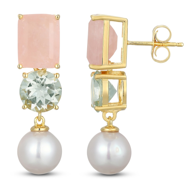 Main Image 1 of Rectangle-Cut Natural Rose Quartz, Round-Cut Natural Green Quartz & Cultured Pearl Dangle Earrings 14K Yellow Gold