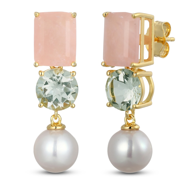 Main Image 2 of Rectangle-Cut Natural Rose Quartz, Round-Cut Natural Green Quartz & Cultured Pearl Dangle Earrings 14K Yellow Gold
