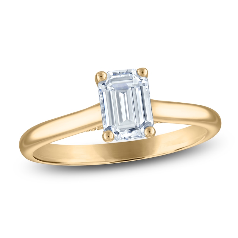 Main Image 1 of Emerald-Cut Lab-Grown Diamond Solitaire Plus Engagement Ring 1 ct tw 18K Yellow Gold (VS2/F)