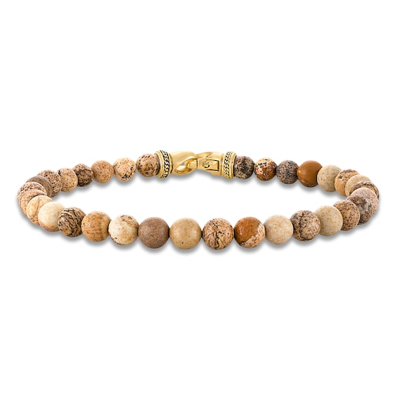 1933 by Esquire Men's Natural Jasper Bead Bracelet 18K Yellow Gold-Plated Sterling Silver 8.5"