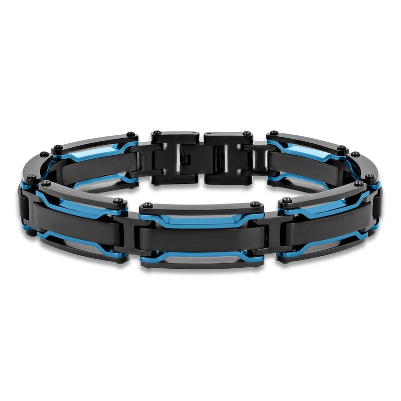 Main Image 1 of Men's Bar Link Chain Bracelet Black & Blue Ion-Plated Stainless Steel 8.5"