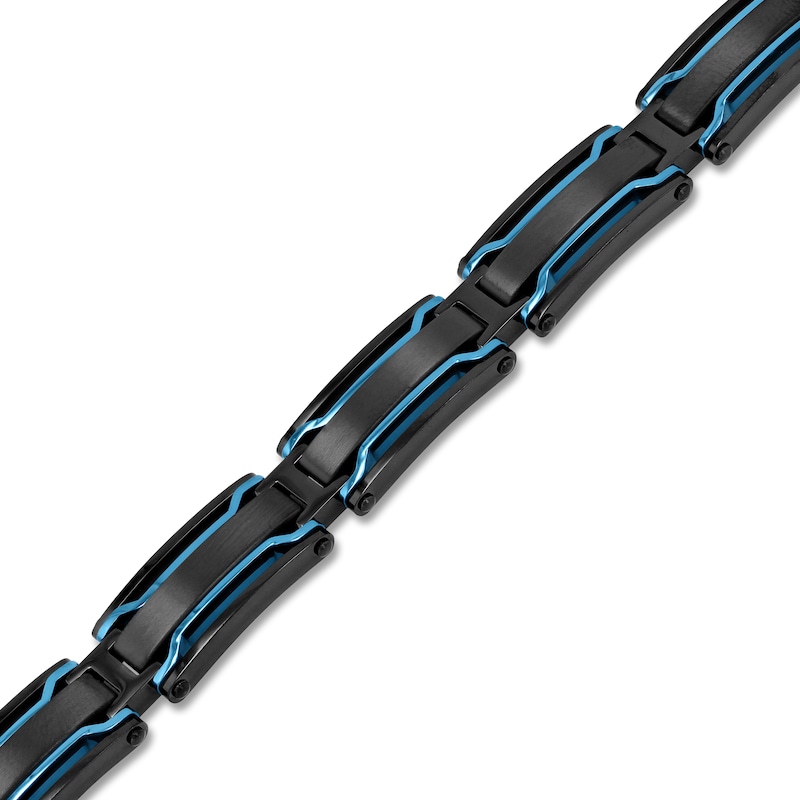 Main Image 2 of Men's Bar Link Chain Bracelet Black & Blue Ion-Plated Stainless Steel 8.5"