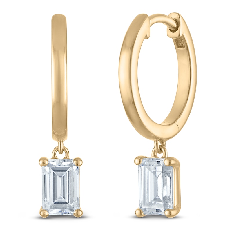Main Image 2 of Emerald-Cut Lab-Grown Diamond Solitaire Dangle Hoop Earrings 1-1/2 ct tw 14K Yellow Gold (SI2/F)