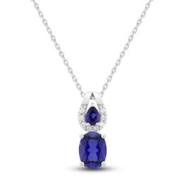 Oval & Pear-Shaped Ceylon Lab-Created Sapphire & Diamond Double Drop Necklace 1/15 ct tw 10K White Gold 18"