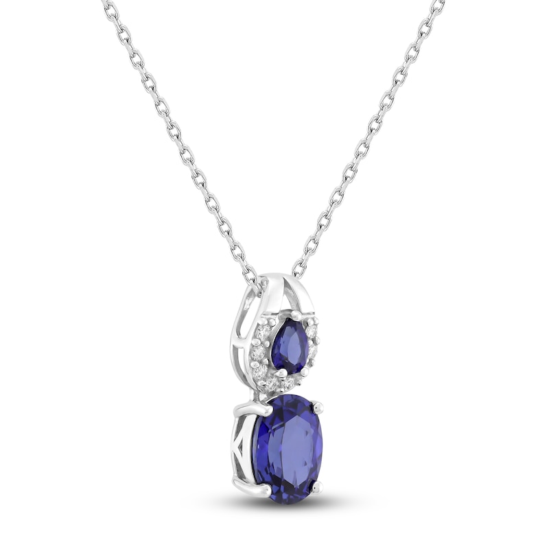 Main Image 2 of Oval & Pear-Shaped Ceylon Lab-Created Sapphire & Diamond Double Drop Necklace 1/15 ct tw 10K White Gold 18"