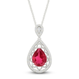 Pear-Shaped Lab-Created Ruby & Diamond Filigree Necklace 1/10 ct tw Sterling Silver 18"