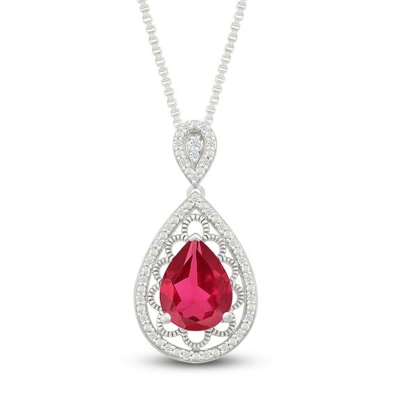 Pear-Shaped Lab-Created Ruby & Diamond Filigree Necklace 1/10 ct tw Sterling Silver 18"
