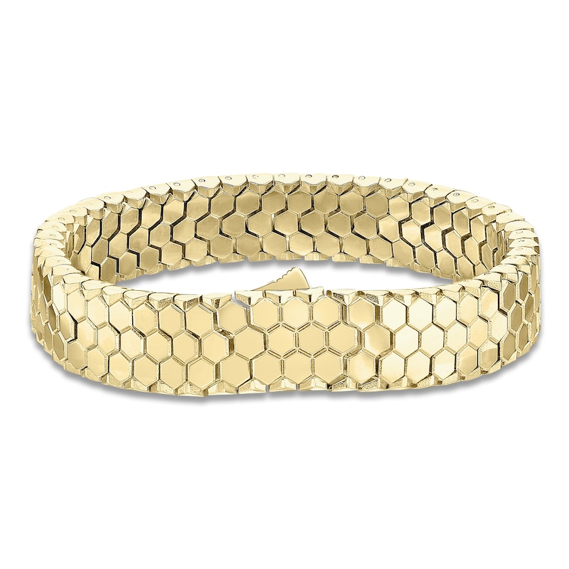 Main Image 2 of Men's Honeycomb Link Bracelet 14K Yellow Gold-Plated Stainless Steel 8"