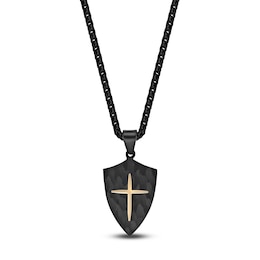 Men's Hammered Shield & Cross Necklace Black & Yellow Ion-Plated Stainless Steel 24"