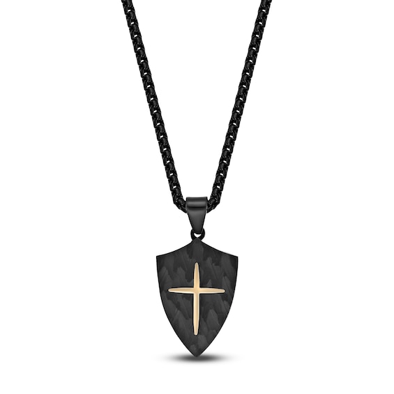 Men's Hammered Shield & Cross Necklace Black & Yellow Ion-Plated Stainless Steel 24"